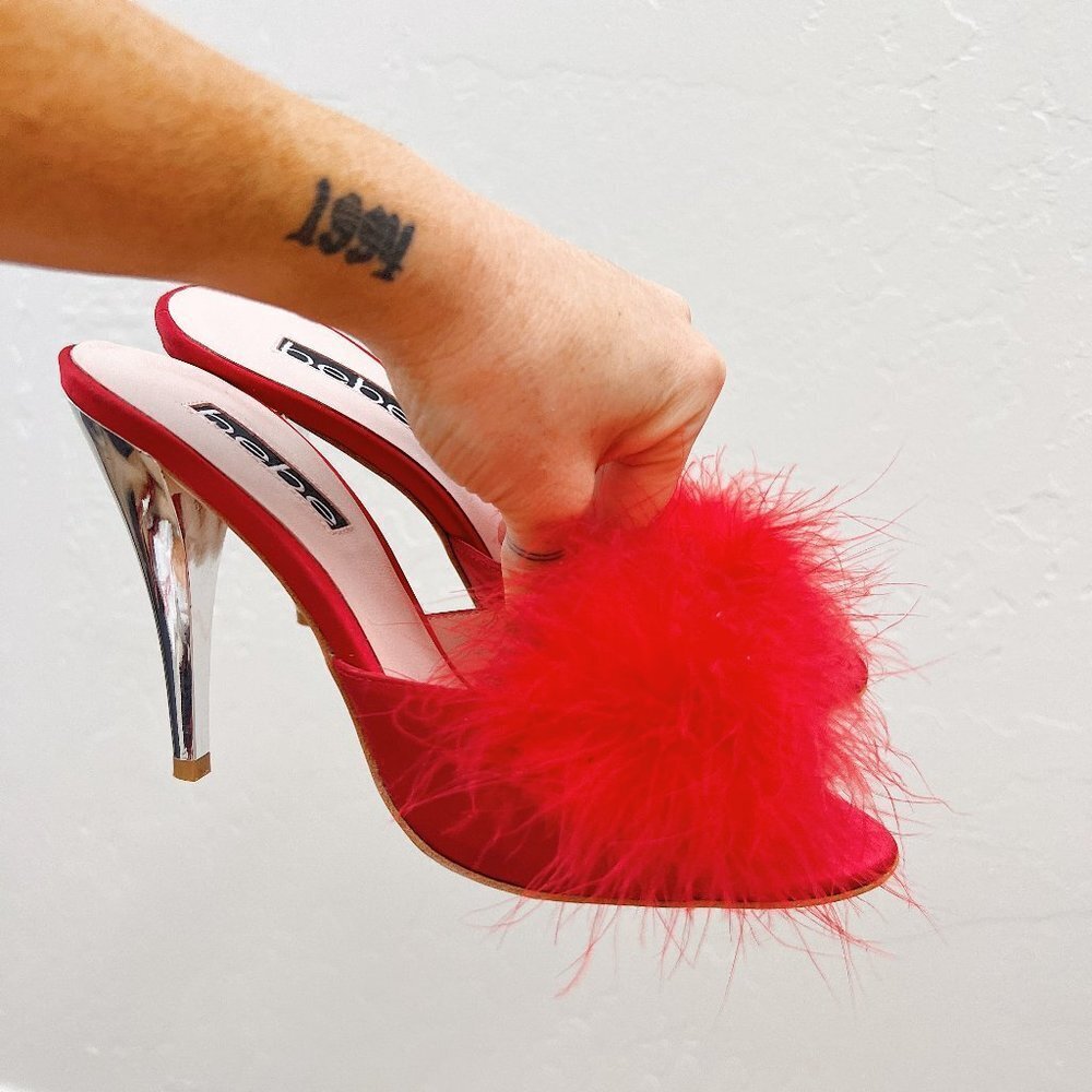 Vintage 1990's/Y2K Bebe Red Feather Heeled Mules - Picture 2 of 8